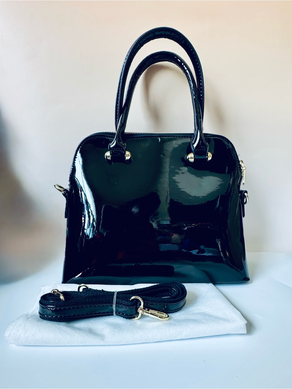Unique Vintage NEW Black Patent Retro Top Handle Shoulder Bag w/ crossbody strap